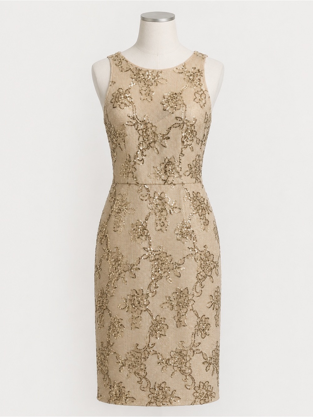 JS Collections Champagne Gold Beaded Sequin Floral Sheath Midi Dress 6 NWT